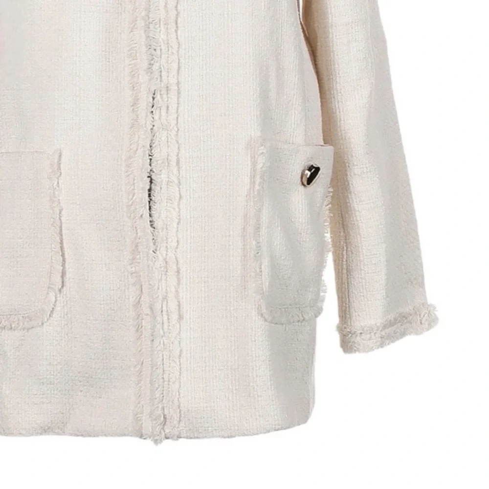 Catherine Malandrino Ivory Tweed Fringe Longline Coat Jacket Size 10 NWT Classic